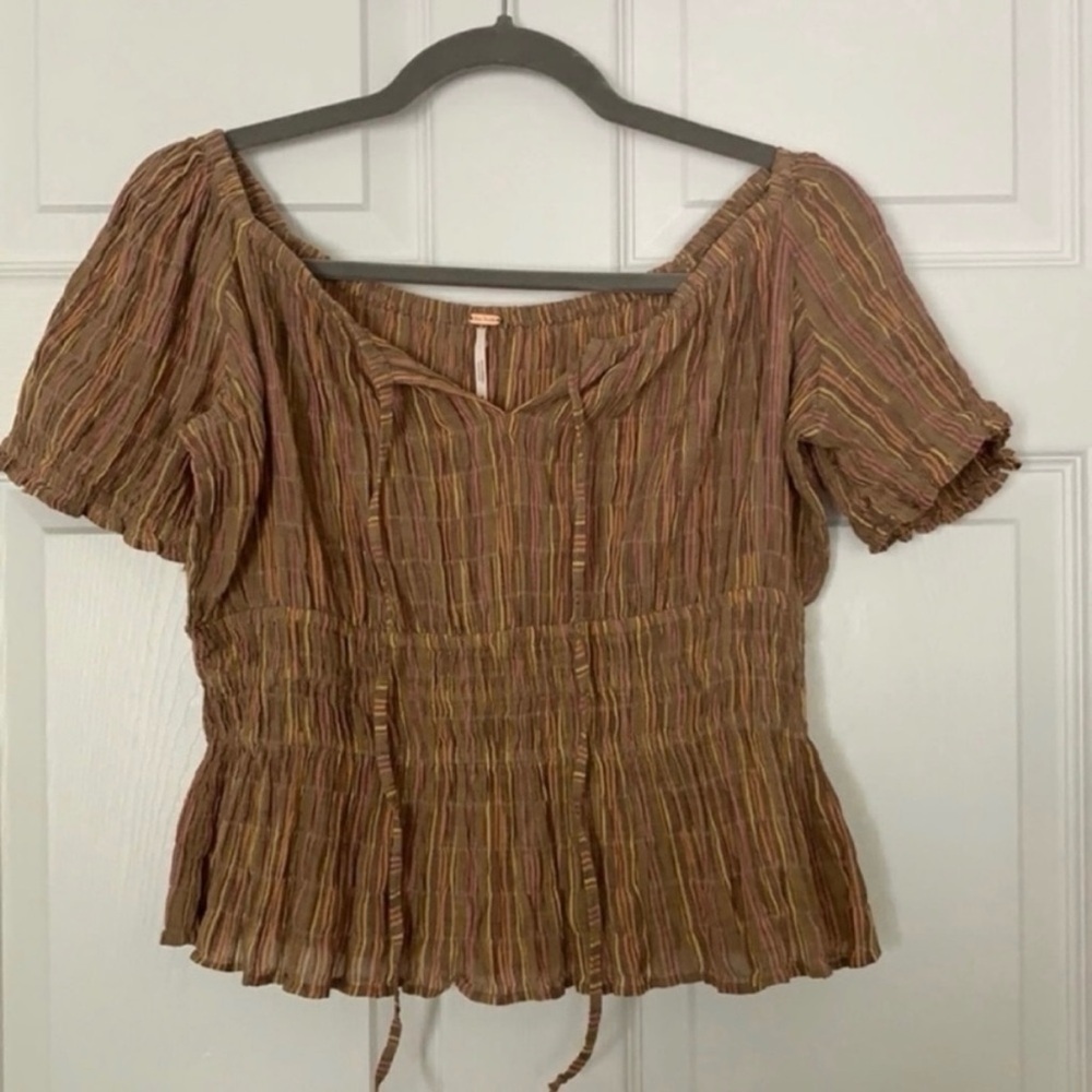 Free People Multistripe Brown Peasant Blouse